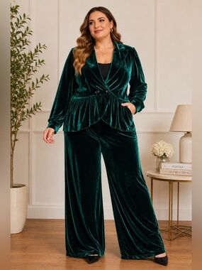 Sz XL Emerald Majesty Victorian green Velvet tux jacket Peplum Wideleg Pant Suit